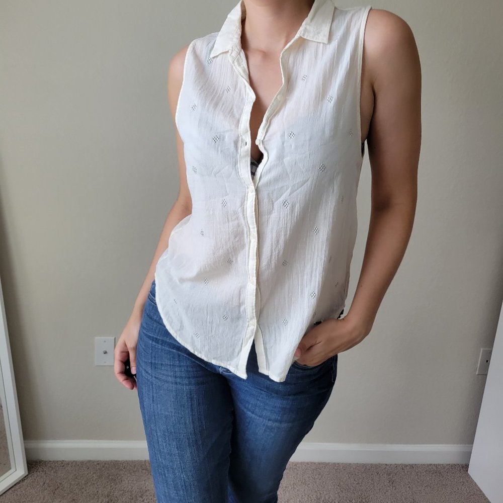 Cream Sleeveless Button Down W/ Silver Diamonds - image 1